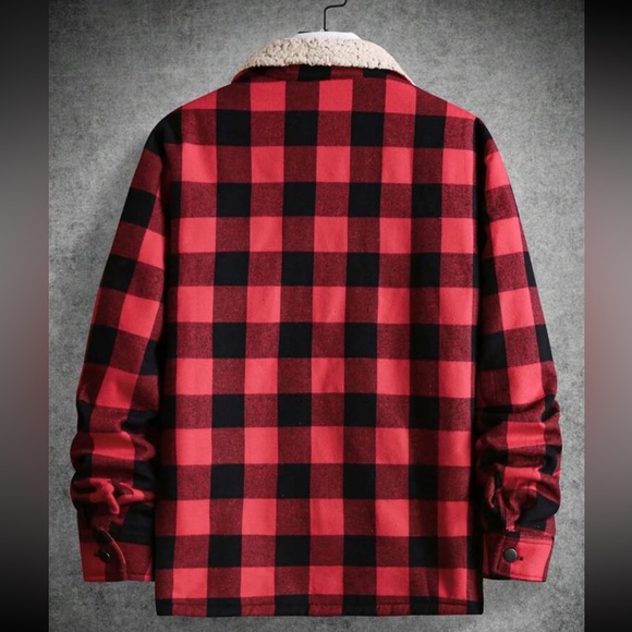 Buffalo Plaid Print Borg Collar Flap Pocket Jacket - Picture 2 of 9
